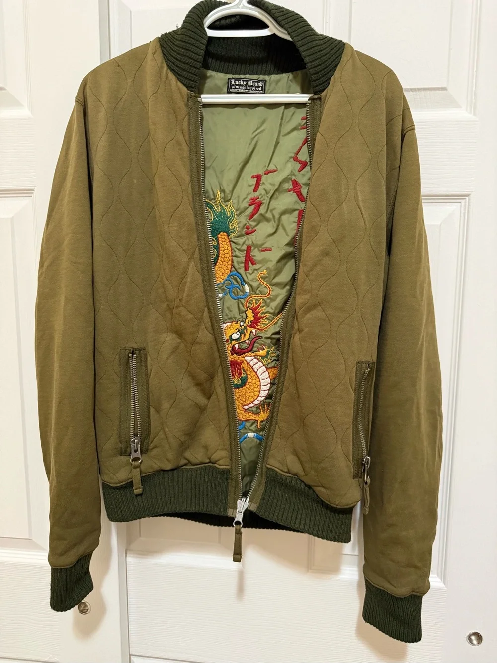 Lucky Brand Olive Green Jacket with Red Accent Stitching